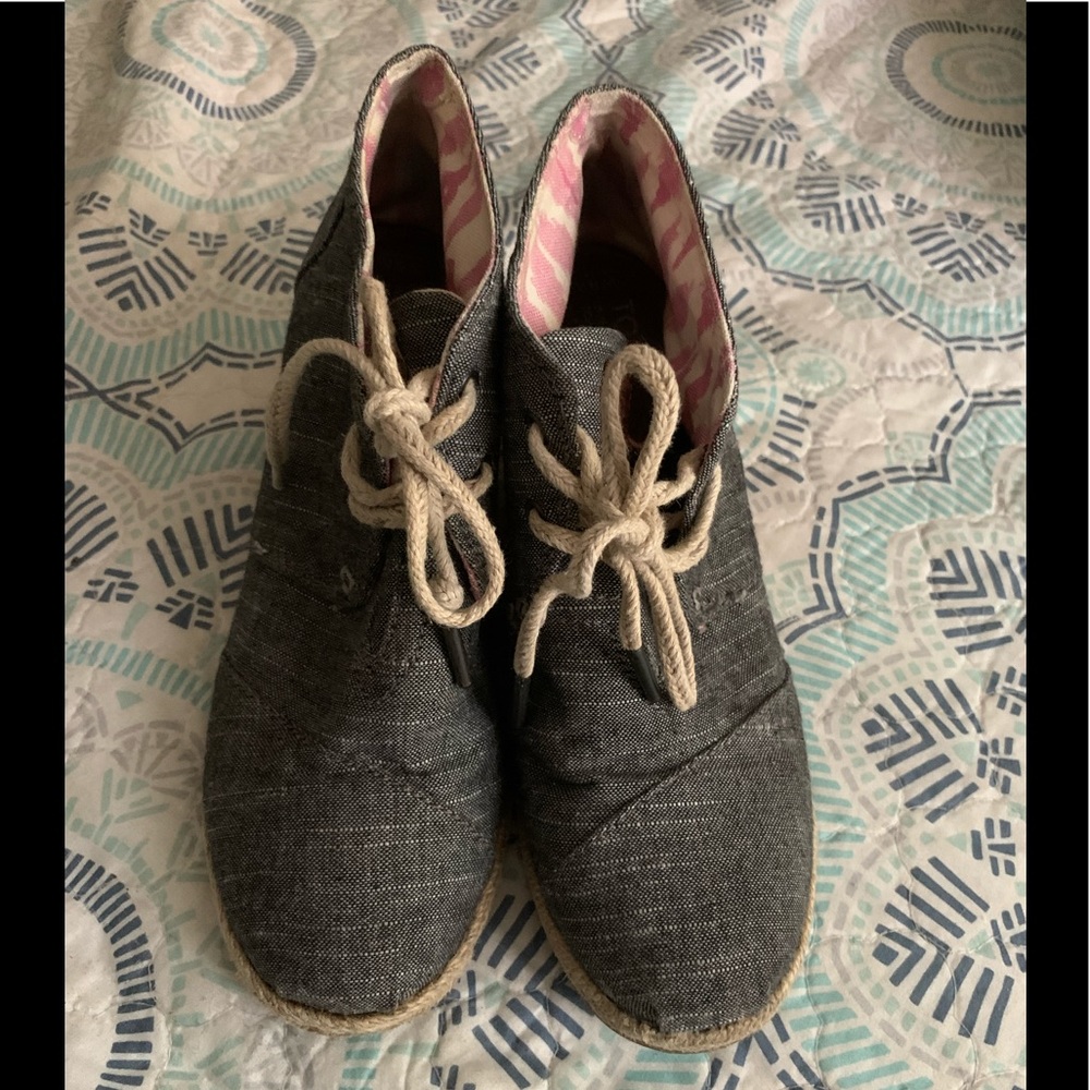 TOMS Chambray denim wedge bootie.